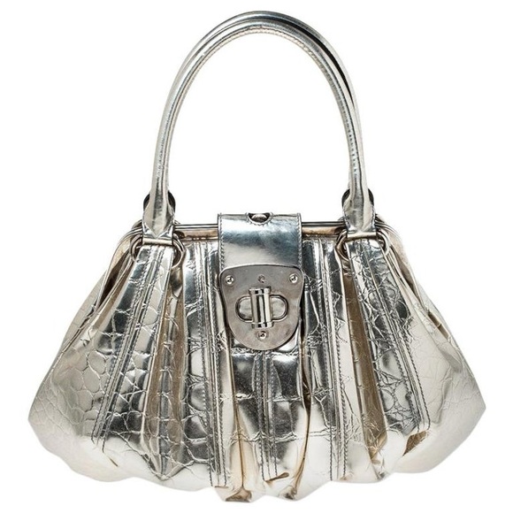 Alexander McQueen Metallic Croc Embossed Patent Leather Elvie Satchel Bag - Picture 2 of 11